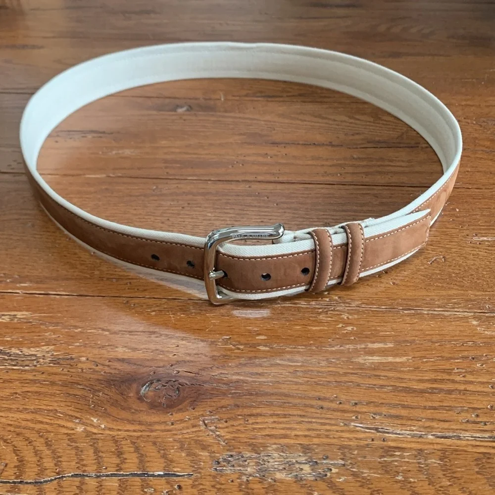 Paul & Shark Ivory Cotton and Brown Leather Belt Men’s Brass Silver Buckle 42